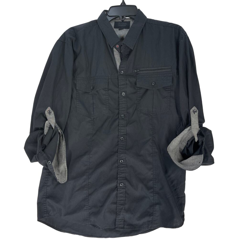 Triumph Tragedy Button Up Shirt Men Size L Black Long Sleeve Pockets Collared